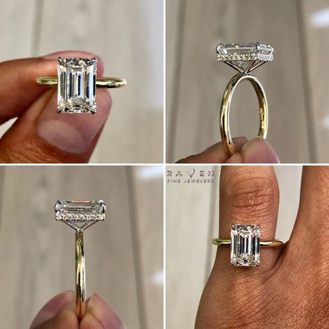 Gold Emerald Cut Engagement Ring, Emerald Wedding Rings Set, Halo Solitaire Engagement Ring, Gold Band Engagement Rings, Dream Wedding Ring, Emerald Wedding Rings, Cute Engagement Rings, Future Engagement Rings, Yellow Gold Solitaire