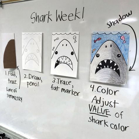 Here’s my favorite way to make a simple shark drawing, and modify it for different grade levels. Younger students learn about symmetry, older can add a shadow. 1st Grade Drawing Art Lesson, Art Teacher Projects, Art Project 1st Grade, Simple Art Lessons, First Grade Art Lessons, Simple Shark Drawing, Elementary Art Ideas, Elementary School Art Projects, First Grade Art Projects