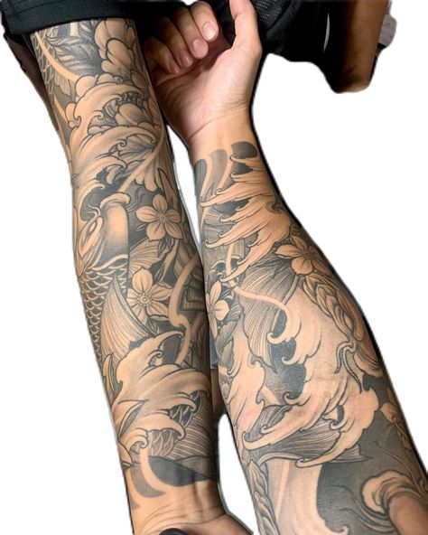 Koi Tattoo Sleeve, Mangas Tattoo, Half Sleeve Tattoos Forearm, Men Tattoos Arm Sleeve, Full Arm Tattoos, Tattoo Inspiration Men, Forearm Sleeve Tattoos, Half Sleeve Tattoos For Guys, Irezumi Tattoos