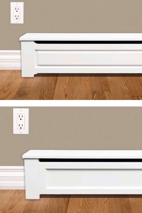 Built In Around Baseboard Heat, Custom Baseboard Heater Covers, Upgrade Baseboard Heating, Baseboard Heat Cover Ideas, Wainscoting With Baseboard Heaters, Base Board Heater Ideas, How To Make Baseboard Heaters Look Better, Board And Batten Over Baseboard Heat, Wooden Baseboard Heater Covers