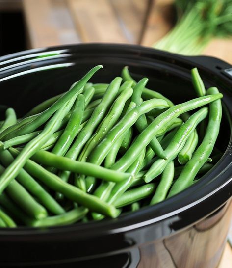 With just a few ingredients, turn simple green beans into a slow cooker sensation Crockpot Green Beans Fresh, Fresh Green Beans In Crockpot, Crockpot Fresh Green Beans, Crock Pot Green Beans, Simple Green Beans, Fresh Green Bean Casserole, Crockpot Green Beans, Slow Cooker Green Beans, Beans In Crockpot