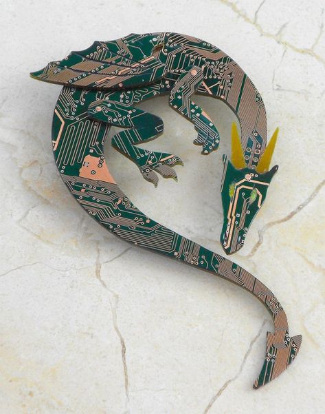 Frozen Crafts, Dragon Brooch, Cool Dragons, Computer Parts, Found Object Art, Dragon Jewelry, Deviant Art, Geek Art, Green Dragon