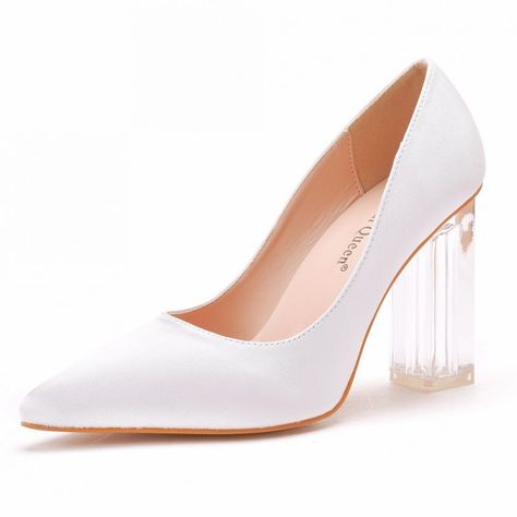 Modest / Simple White Wedding Shoes 2022 9 cm Crystal Thick Heels Pointed Toe Wedding Pumps High Heels Transparent Shoes, Prom Pumps, Crystal Wedding Shoes, White Block Heels, Wedding Pumps, Shoes 2023, Elegant High Heels, White Wedding Shoes, Fashion White