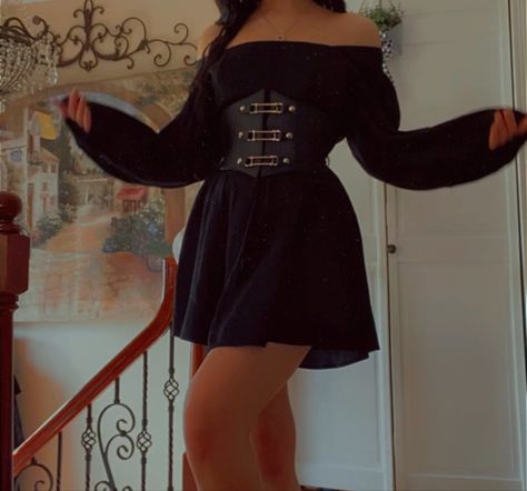 Black Mesh Corset Dress, Black Dress Corset Outfit, Short Black Dress With Corset, Corset Outfit Aesthetic Grunge, Black Dress With Corset Belt, Corset Dress Ideas, Corset And Dress Outfit, Long Sleeve Dress With Corset, Black Corset Dress Short