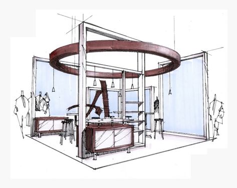 Scott Wojda- Sketches Interior Architecture Sketch, Ideas Sketch, Furniture Design Sketches, Interior Design Renderings, Interior Architecture Drawing, Interior Design Sketches, Kiosk Design, Stall Designs, Industrial Design Sketch