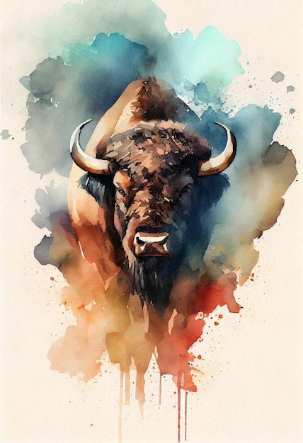 Watercolor painting of a bison with a bl... | Premium Photo #Freepik #photo #bison #buffalo #ox #bull Bull Watercolor Painting, Bull Head Drawing, Bison Watercolor, Desert Pics, Bison Painting, Bison Photo, Watercolor Wildlife, Buffalo Painting, Buffalo Animal