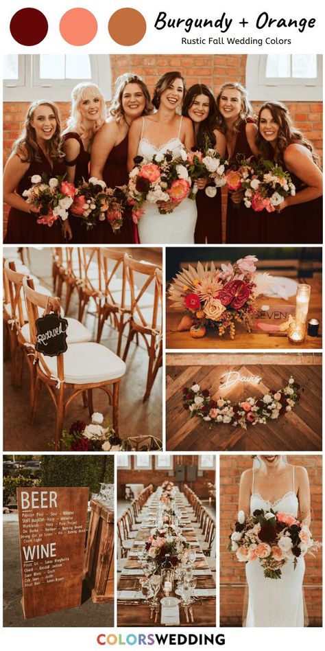 Fall Wedding Ideas Colors, Bridesmaid Dresses Orange, Rustic Fall Wedding Colors, Wedding Ideas Colors, Table Flower Decor, Fall Wedding Color Ideas, Homemade Wedding Decorations, Fall Wedding Color Schemes, Rusting Wedding