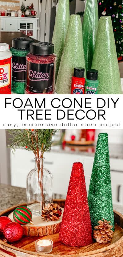 DIY Foam Cone Tree Decor Craft is easy and fun for the whole family. Easily customized to any room's color scheme or Christmas decor concept! Simple, modern Christmas decor that you'll want to keep year after year. Great Christmas craft night idea! DIY Christmas tree craft. Glitter crafts, Mod Podge crafts, acrylic paint crafts. Red and green glitter Christmas trees. #diychristmastree #glitterchristmastrees #glittercrafts #christmascraftnight #foamconetree #foamconecrafts #holidaycraft #holidays Christmas Tree Foam Crafts, Diy Glitter Cone Tree, Diy Foam Christmas Tree, Foam Tree Crafts Ideas, Foam Cone Crafts, Foam Christmas Tree Crafts, Styrofoam Christmas Tree Ideas, Acrylic Paint Crafts, Foam Christmas Trees