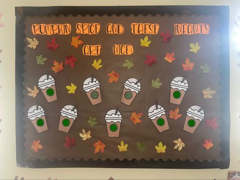 Pumpkin Spice Bulletin Board Ideas, Fall Infant Room Decorations, Squirrel Bulletin Board Ideas, Pumpkin Spice Bulletin Board, Fall Bulliten Board Ideas Daycare, Infant Fall Bulletin Board Ideas, Fall Door Ideas For Classroom Preschool, Fall Infant Bulletin Boards, September Classroom Themes