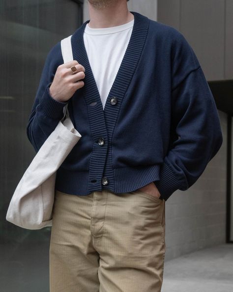 @joshuadaniher styles the Cropped Knit Cardigan and Deadstock Denim Tote. Cropped Knit Cardigan, University Outfit, Mens Casual Outfits Summer, Lifestyle Content, Fall Outfits Men, Mens Casual Dress Outfits, Denim Tote, Mens Fashion Fall, Cool Outfits For Men