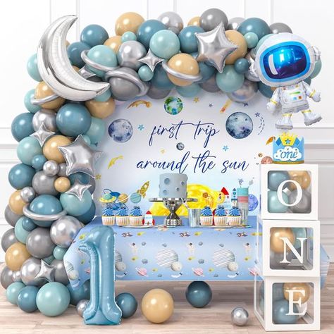 Space 1st Birthday Party, Sun Decorations, Space 1st Birthday, 1st Birthday Decorations Boy, First Birthday Theme Boy, First Birthday Decorations Boy, 1st Birthday Boy Themes, Baby Boy Birthday Themes, Balloon Cake Topper