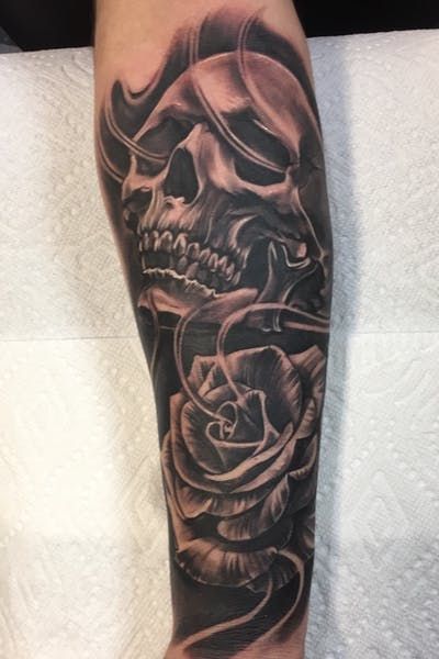 Tattoo uploaded by Art Valencia | Black and gray Rose and skull | 864855 | Tattoodo Skull Forearm Tattoo Men, Skull And Rose Tattoo For Men, Tattoo Cover Up Ideas For Men, Skull Cover Up Tattoo, Skull Tattoos Men, Skull Arm Tattoo, Cover Up Tattoos For Men Arm, Rosen Tattoo Mann, Skull And Roses Tattoo