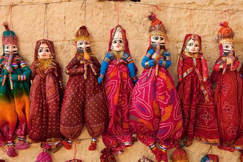 Rajasthani puppets. Costume Room, Marionette Puppets, Delhi Shopping, Weather In India, Rajasthani Art, Marionette Puppet, India Culture, Wedding Backdrop Decorations, Doll Party