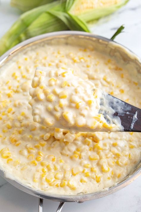 This homemade creamed corn is rich and sweet, creamy and buttery and perfect for summer cookouts and BBQs, or as a holiday side dish. Sweet Cream Corn Recipe, Homemade Creamed Corn, Sweet Cream Corn, Homemade Cream Corn, Creamed Corn Recipes, Cream Corn, Holiday Side Dish, Creamy Corn, Holiday Side