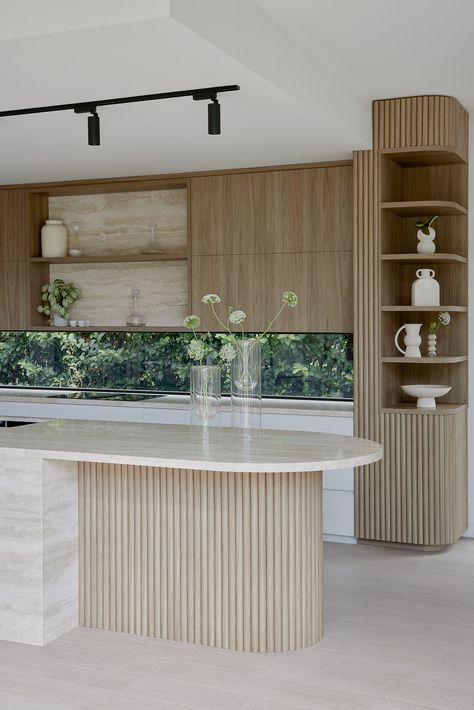 Minimalist Style Home, Entry Office, Curved Kitchen Island, Coastal Minimalist, Kitchen Entry, Curved Kitchen, Kitchen Island Bench, Orange Grove, Island Bench