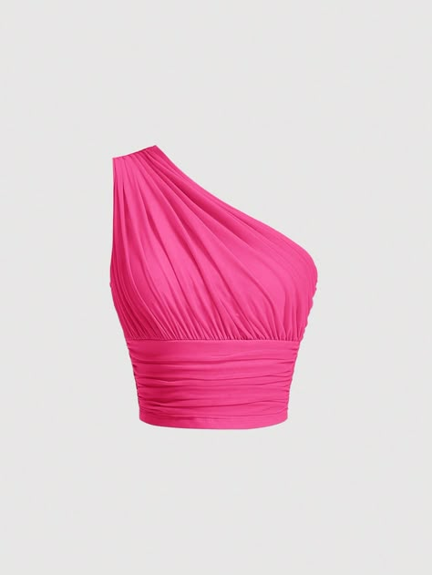 Rosa Fucsia Casual Collar sin mangas Tela tejida Liso  Embellished Elástico Alto Pink One Shoulder Top, Ruched Crop Top, Asymmetrical Hem Top, Slim Fit Crop Top, Preppy Girl, Scarf Top, One Shoulder Top, Pink Crop Top, Cropped Tube Top