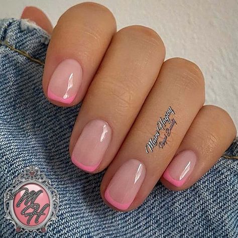 4. Very Very Short Nails Ideas, Gel French Manicure Pink Base, Colour French Tips Nails Short, French Manicure Shapes, Coloured Tip Gel Nails, French Nail Pink Tips, Pink French Manicure Nails Short, Squoval Nails Ideas, Coloured Tipped Nails