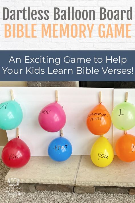 This Dartless Balloon Board is so easy to make with dollar store items, and super fun to play! Write the words of your Bible verse on the balloons and have your kids repeat the verse together, then throw bean bags at the board to break a balloon. Repeat the verse again, filling in the missing word (balloon) from memory, then play again until all the balloons are popped and your kids are saying the verse completely from memory. | Bible Lessons | Bible Memory Game | Sunday School Game Gideon Bible Story Activities, Bible Memory Verse Games, Vacation Bible School Games, Bible School Games, Kids Church Games, Balloon Board, Bible Memory Verses, Memory Verse Games, Memory Activities