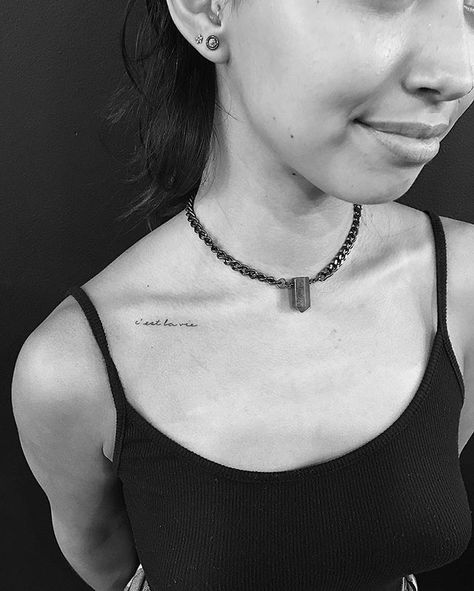 Tiny Collar Bone Tattoo, La Vie Tattoo, Stay Strong Tattoo, Jonboy Tattoo, Small Symbol Tattoos, Strong Tattoos, Arm Tats, Small Quote Tattoos, Small Tattoos With Meaning