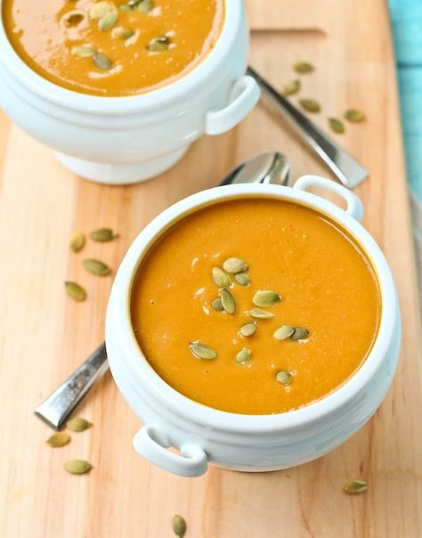 Copycat Panera Squash Soup Recipe - Vegetarian [with VIDEO] - Rachel Cooks® Panera Autumn Squash Soup Recipe, Panera Squash Soup, Autumn Squash Soup Recipe, Autumn Squash Soup, Panera Autumn Squash Soup, Panera Recipes, Autumn Squash, Shelled Pumpkin Seeds, Copycat Panera