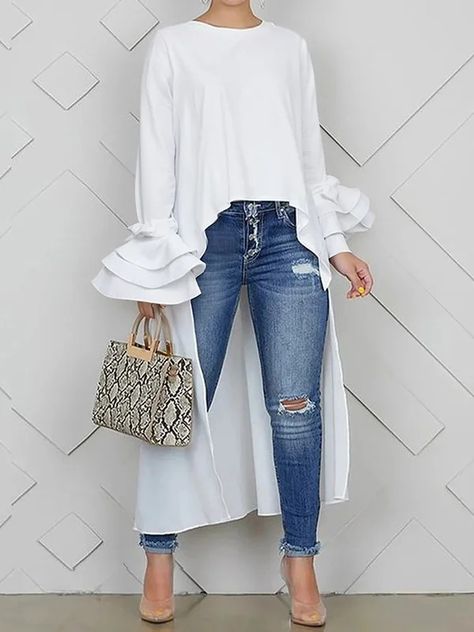 Tiered Split-Joint Solid Color Loose High-low Round-neck T-Shirts Tops Judi Dench, White Shirts Women, Daily Dress, White Shirts, Pant Shirt, New Arrival Dress, Denim Outfit, Flared Sleeves, White Tops