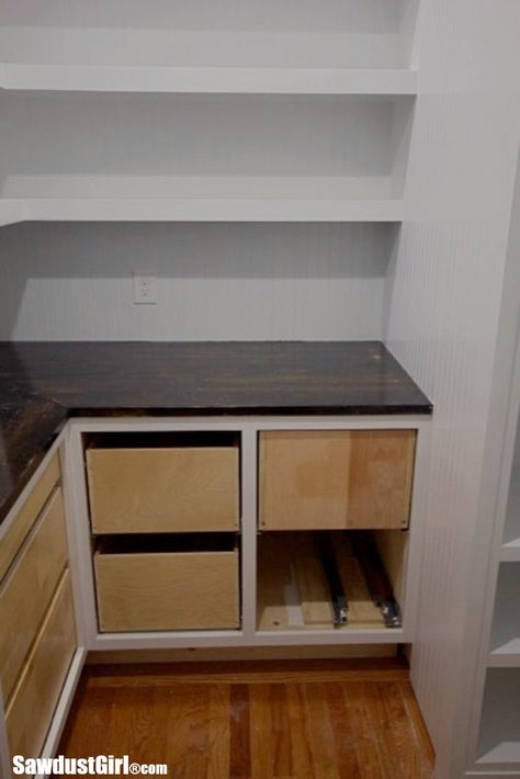 Pantry Update, Corner Drawers, Sawdust Girl, Pantry Drawers, Corner Pantry, Diy Kitchen Renovation, Diy Pantry, Diy Drawers, Diy Wood Projects