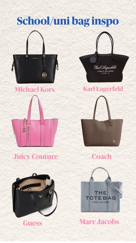 School uni bag inspiration #marcjacobs #coach #karllagerfeld #michaelkors #guess #juicycouture #bags #totebag #fashion #outfitinspiration Uni Bag, Bag Inspiration, Guess Bags, Karl Lagerfeld Paris, Karl Lagerfeld, Juicy Couture, Coach Bags, Marc Jacobs, Michael Kors