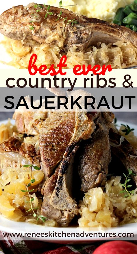 Country Ribs And Sauerkraut, Ribs With Sauerkraut, Sauerkraut And Apples, Ribs And Sauerkraut, Country Ribs Recipe, Pork And Sauerkraut Recipe, Pork Roast And Sauerkraut, Country Pork Ribs, Country Ribs