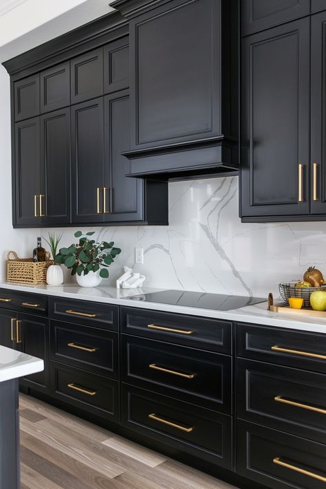 Black kitchen cabinets create a dramatic and elegant ambiance. Get inspired here. Black Cabinets With White Marble Countertops, Black Dark Wood Kitchen, Black Cabinets Handles, Black Kitchen Cabinet Color Ideas, Kitchen With Black And Wood Cabinets, Laquer Cabinets Kitchen Modern, Gold Hardware Black Cabinets, Simple Black Kitchen Cabinets, Black Kitchen Cabinets White Backsplash