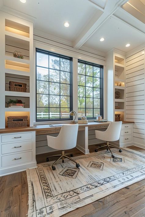 Dual Purpose Office, Double Desk Home Office Built Ins, Home Office Dual Desk, Office Design For Two People, Small Shared Home Office Ideas, Small Home Office For Two People, Small Home Office With Window, Double Desk Office Ideas, White Farmhouse Office