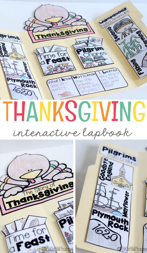 The Story of Thanksgiving is center stage for this interactive lapbook. Everything included will teach your preschool, pre-k and kindergarten students what the story is and why we celebrate it. Your learners will know the timeline of the trip, learn a variety of vocabulary words, compare their lives to pilgrim lives along with so many more interactive activities. #thanksgiving #thanksgivingstory #prek #preschool #kindergarten Thanksgiving Homeschool Kindergarten, Thanksgiving Teaching Activities, Thanksgiving Lapbook Free, Thanksgiving Story For Preschoolers, The First Thanksgiving Activities, Thanksgiving School Activities, Pilgrim Activities, Thanksgiving Bible Lesson, Thanksgiving Craftivity