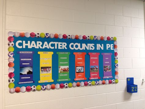 Character Counts PE Bulletin Board Elementary Pe Gym Decorations, Pe Gym Decorations, Teacher Scrapbook, Character Bulletin Boards, Pe Classroom, Physical Education Bulletin Boards, Pe Bulletin Boards, Pe Board, Elementary Bulletin Boards