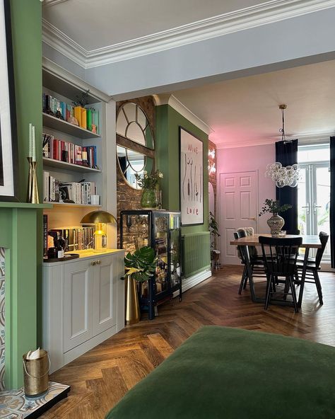 Clean & cosy ✨🥰 #openplanliving #terracedhouse #diningroom #openplanlivingroom #smallhouse | Instagram De Nines Living Room, Living Room Diner Decor, Colourful Open Plan Living, Terrace House Dining Room, Door Opens Into Living Room Layout, Green Painted Living Room, Knock Through Lounge Diner, 1930s Dining Room, Open Plan Lounge Dining Room