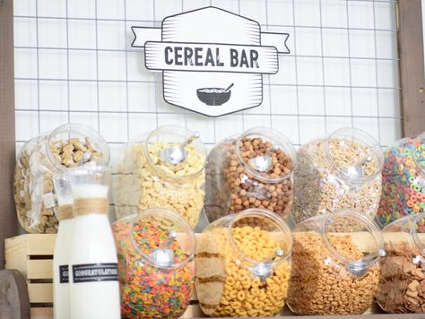 DIY Graduation Party Cereal Bar Cereal Bar At Wedding, Cereal Bar Party Ideas, Wedding Cereal Bar, Cereal Birthday Party, Breakfast Grad Party, Cereal Bar Wedding, Cereal Buffet Bar, Cereal Bar Party, Cereal Bars Party