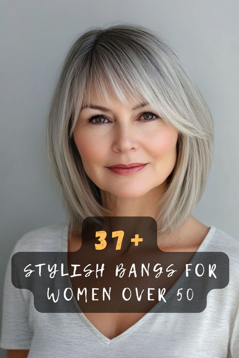 Revamp your style with 37 trendy hairstyles featuring bangs for women over 50. 💇‍♀️✨ These chic looks include layered cuts, side-swept bangs, and elegant styles that bring a youthful flair to your hair. Curious about which style suits you best? Click to explore all the stylish options! #HairstylesWithBangs #Over50Style #ChicLooks #YouthfulHair #LayeredCuts Side Swept Bangs For Fine Hair, Straight Lob With Side Bangs, Hair Styles For Women Over 50 With Curtain Bangs, Hairstyles For 55 Year Old Women Over 50, Women Shoulder Length Haircut With Bangs, 50yr Old Women Hair Styles, Medium Bob With Bangs For Fine Hair, 40 Year Old Hairstyles With Bangs, Side Bangs With Cowlick