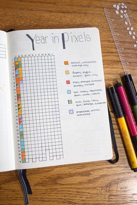 year in pixels bullet journal Notesbog Design, Year In Pixels, Bullet Journel, Dot Journals, Creation Deco, Bujo Inspiration, Bullet Journal Spread, Bullet Journal Inspo, Journal Layout