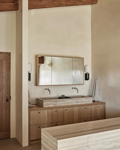 Travertine Bathroom, Silver Travertine, Solid Oak Doors, Santa Ynez Valley, Oak Bathroom, Collections Of Objects, Santa Ynez, Iconic Furniture, Ranch Home