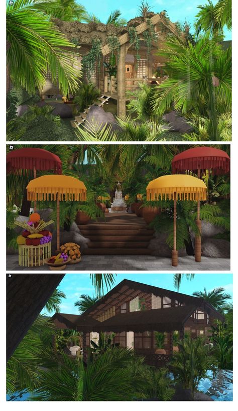 Hawaiian Bloxburg House, Bloxburg Vacation House Ideas, Bloxburg Resteraunt, Tropical Bloxburg House Ideas, Really Detailed Bloxburg Builds, Bloxburg House Ideas Tropical, Spring Bloxburg House, Bloxburg Tropical House, Tropical Bloxburg House