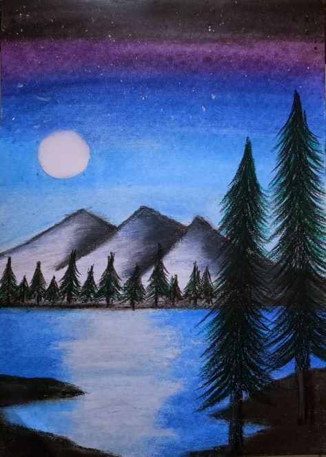 Easy Nature Drawings Colour, Nature Drawing With Color, Easy Drawings Landscape, Natural Scenery Painting Easy, Landscape Drawings Pencil Colour, Nature Scene Drawing, Drawing Ideas Scenery, Colour Pencil Drawing Easy, Cat Oil Pastel