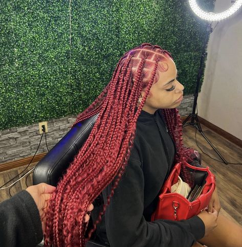 Red Bohieman Knotless Box Braids, Boho Red Knotless Braids, Red Knot Less Braids With Curls, Maroon Goddess Knotless Braids, Small Red Bohemian Knotless Braids, Red Braiding Hairstyles, Boho Knotless Braids With Color Red, Burgundy Knotless Box Braids With Curls, Burgundy Bohemian Braids