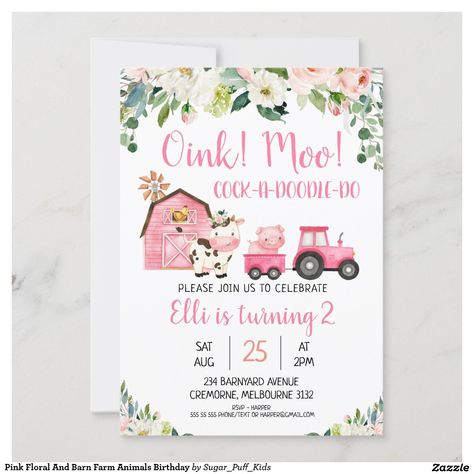 Pink Floral And Barn Farm Animals Birthday Invitation https://www.zazzle.com/pink_floral_and_barn_farm_animals_birthday_invitation-256624679124965459?t_text7_txt=We%20will%20have%20a%20petting%20zoo%20from%202-3PM&t_text18_txt=259%20HERITAGE%20CREEK%20TRL%0D%0ABALL%20GROUND%2C%20GA%2030107&t_text17_txt=18&t_text20_txt=Evelyn%20is%20turning%204&t_text21_txt=SAT%0D%0AFEB&social=true #ZazzleMade Rancho Party, Barnyard Party Invitations, Pink Farm Birthday, Pink Barnyard Party, Barn Birthday Party, Girls Farm Birthday, Animals Birthday Invitation, Farm Animals Birthday, Farm Invitation