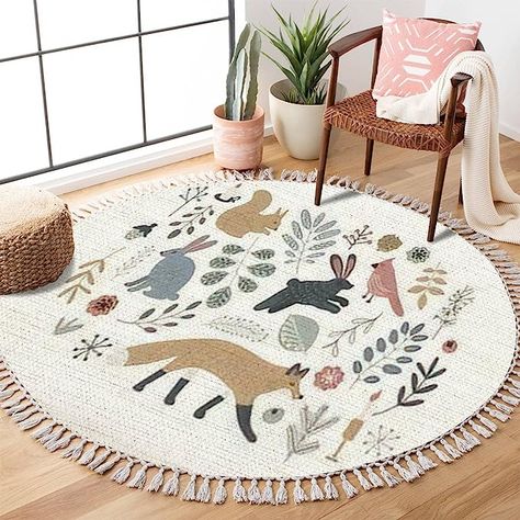 Amazon.com: Round Rugs Hand Drawn Scandinavian Style Set Forest Animals Plants Isolated Clip Boho Area Rug Linen and Cotton Carpet Meditation Rug Washable Hallway Runner Mat Accent Rug for Bedroom Bathroom 4ft : Home & Kitchen Round Rug For Nursery, Forest Nursery Rug, Woodlands Theme Nursery, Tassel Rugs, Woodland Rug, Woodland Bedroom Kids, Round Nursery Rug, Forest Rug, Woodland Playroom