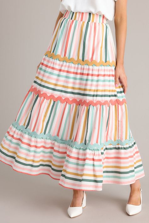 This Meet For Tea Desert Sage Multi Stripe Cotton Maxi Skirt is the perfect everyday piece to show off your fun side! Who knew stripes could be so stylish and fun?! This skirt features an elastic waistband and a long tiered skirt with scallop detailing. 100% Cotton Hand Wash Cold Lined 100% Cotton Imported Model is wearing an x-small Calico Skirt, Long Skirt Pattern, Mini Closet, Stripe Maxi Skirt, Coordinated Outfits, Long Tiered Skirt, Cotton Maxi Skirt, Sorority Rush Dresses, Desert Sage