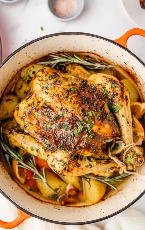 Dutch Oven Whole Chicken Recipes One Pot, While Chicken In Dutch Oven, Fall Recipes Dutch Oven, Dutch Oven Recipes Roast, Dutch Oven Whole Chicken And Vegetables, Roast Chicken Whole Dutch Oven, Roast Chicken Whole With Vegetables, Fall Roasted Chicken And Vegetables, Le Creuset Whole Chicken Recipes