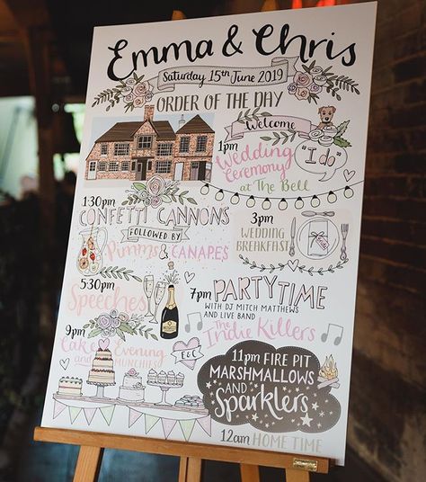 Order Of The Day Illustration, Order Of The Day Ideas, Wedding To Do Board, Order Of The Day Wedding Sign, Hand Drawn Wedding Signs, Order Of Events Wedding Sign, Wedding Jobs, Order Of The Day Wedding, Wedding Boards