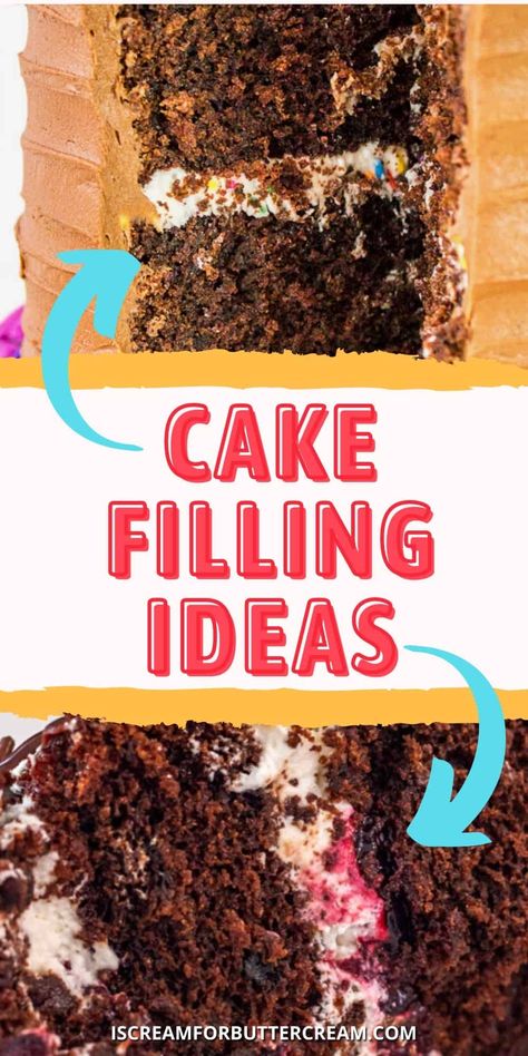 Fun, creative and tasty cake filling ideas you and your family will love. Whether you use these cake filling recipes to cover cakes or just to fill layer cakes, you've got tons of options to choose from and the combinations are really endless. Fingertips Cake Recipe, Chocolate Chip Filling For Cake, Pie, Ina Garten, Cake Fillers Recipes, Middle Of Cake Filling, Layered Filled Cake, Decorated Cake Recipes, Chocolate Cake Filling Ideas Simple