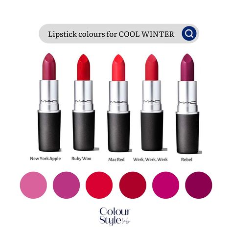 The best lip colours for Cool Winters are blue-based pinks, reds and purples. Avoid warm oranges, yellow-based reds, brown tones and peachy pinks. . . . . . #truewinter #coolwinter #coolwintermakeup #makeup #coolundertone #makeup Lipstick For Cool Winter, Lipstick For Winter Skin Tone, True Winter Makeup Products, True Winter Lipstick Colors, Cool Winter Lipstick, Cool Winter Lipstick Colors, Bright Winter Lipstick, Cool Winter Makeup, True Winter Lipstick