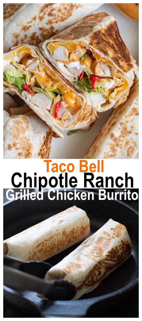 toasted chicken burrito with chipotle ranch sauce Chipotle Ranch Grilled Chicken Burrito, Chicken Burrito Recipe, Burrito Recipe Chicken, Taco Bell Recipes, Chipotle Ranch, Burrito Recipe, Chicken Burrito, Burritos Recipe, Chicken Burritos