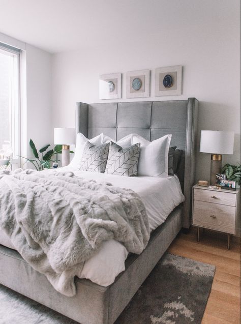 Grey And White Bedrooms Ideas, Bedding White And Grey, Grey Wingback Bed, Grey Headboard Bedroom Aesthetic, Grey Accent Pillows Beds, Grey Tuffted Bed, Teenage Grey Bedroom Ideas, Cool Grey Bedroom Ideas, White Room With Grey Bed