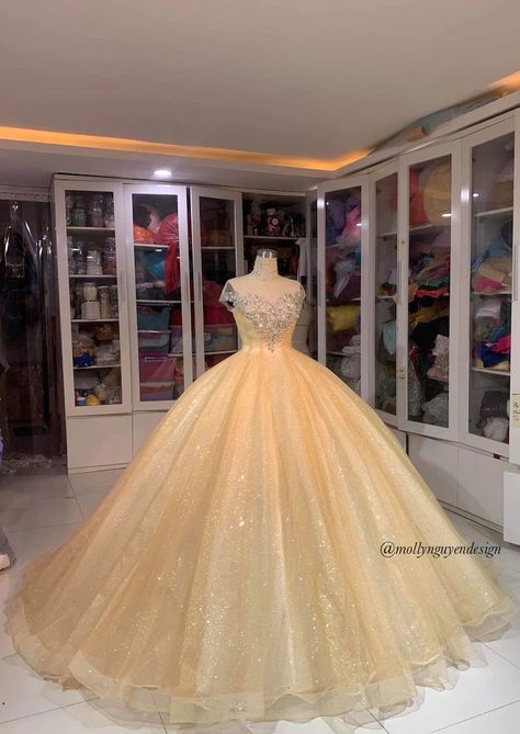 Light Gold Ballgown Ballgown Sparkly Wedding Dress - Etsy UK Yellow Gown For Debut, Yellow Gold Quinceanera Dresses, Light Yellow Quince Dress, Gold Ballgown Dress, Golden Quinceanera Dresses, Quince Dresses Yellow, Belle Quinceanera Dress, Light Yellow Quinceanera Dress, Sweet 16 Dresses Gold